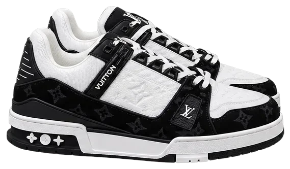 Sneaker Louis Vuitton LV Trainer en blanco y negro, vista lateral
