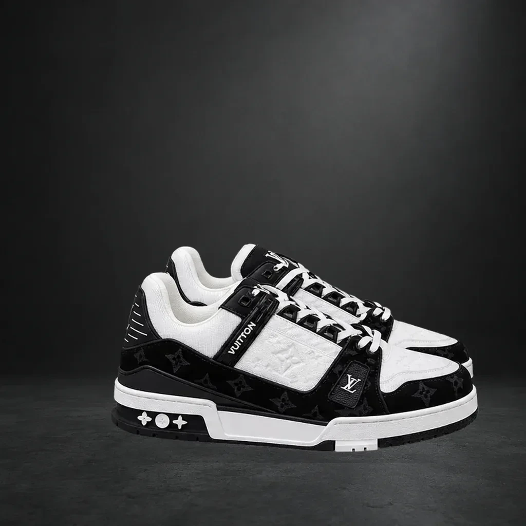 LV Trainer blanco y negro, composición editorial