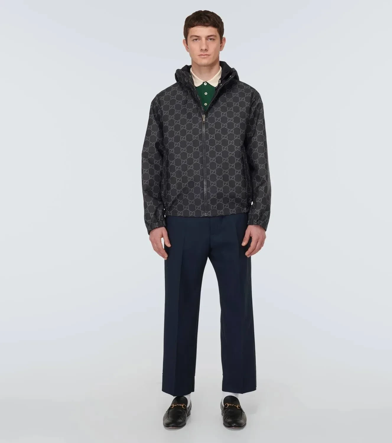 Gucci Chaqueta Zip Capucha Monograma GG Gris Negro