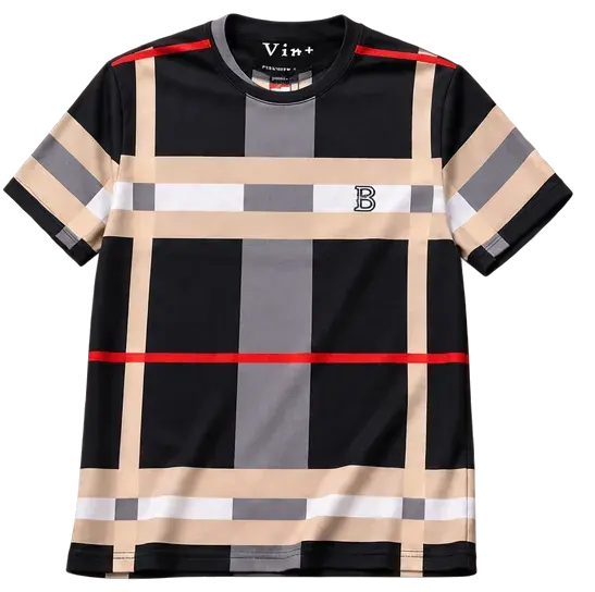 Camiseta Burberry con estampado de cuadros en negro, beige y rojo