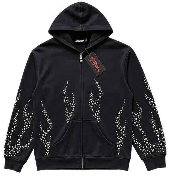 Hoodie Hellstar negro con cremallera y llamas de pedrería