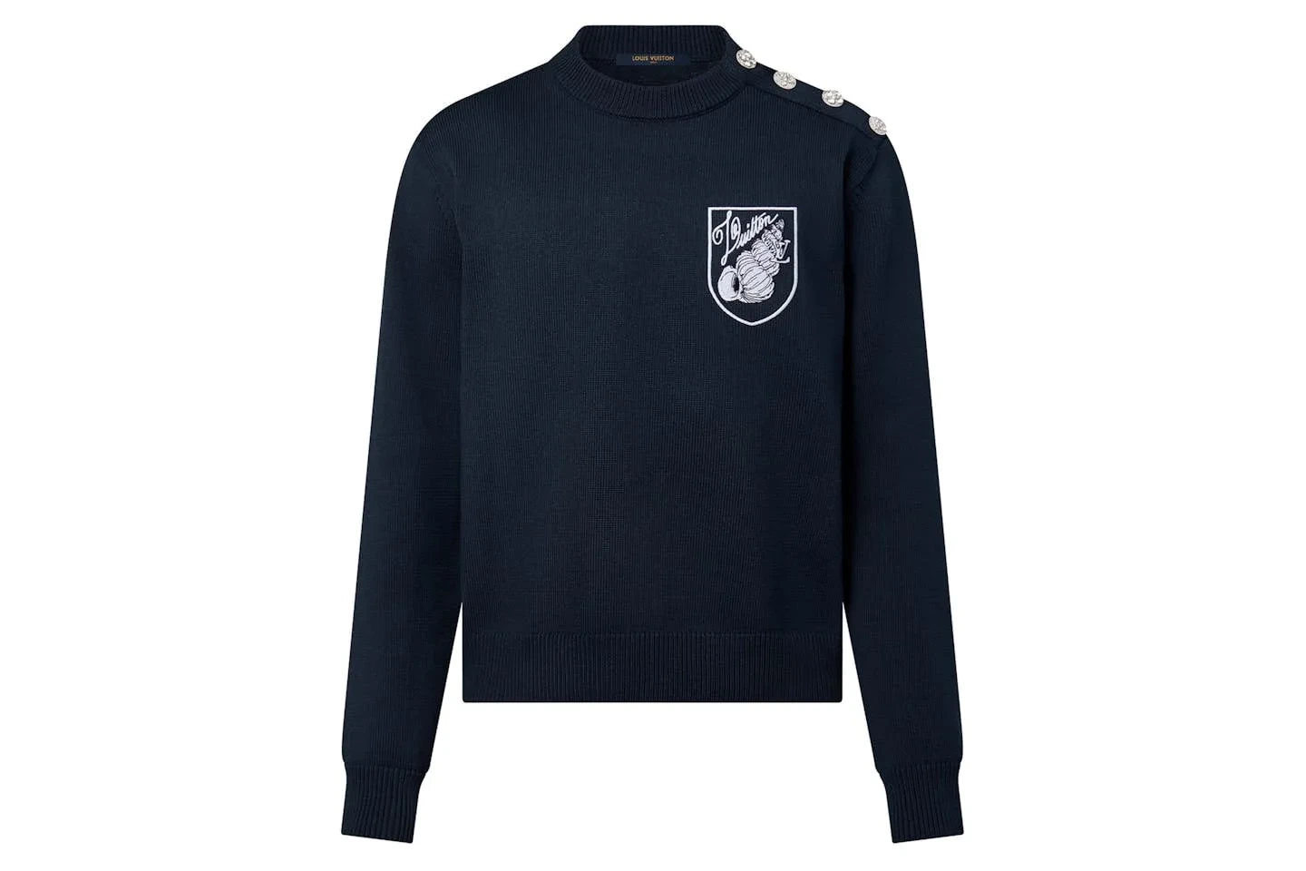 Louis Vuitton Suéter Azul Marino Escudo Botones Hombro